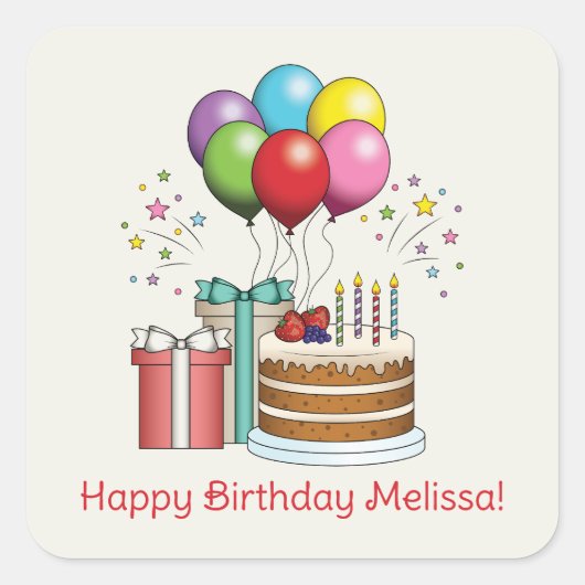 Kleurrijke vogelballonnen met taart en Cadeaus Vierkante Sticker (Voorkant)