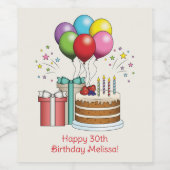 Kleurrijke vogelballonnen met taart en Cadeaus Wijn Etiket (Enkel label)