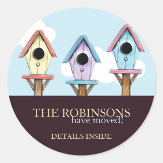 Kleurrijke vogelhuisjes | Aankondiging nieuw adres Ronde Sticker