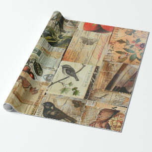 Kleurrijke Vogels Antieke Krant Natuur Collage Cadeaupapier