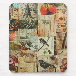 Kleurrijke Vogels Antieke Krant Natuur Collage Muismat