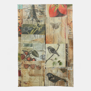 Kleurrijke Vogels Antieke Krant Natuur Collage Theedoek