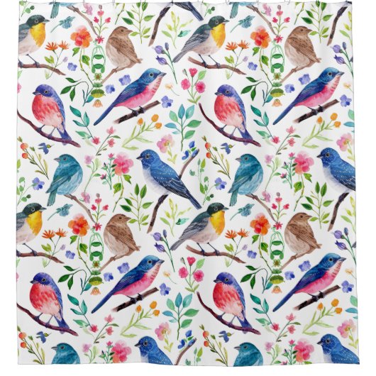 Kleurrijke Vogels Bloemen Patroon Douchegordijn (Voorkant)