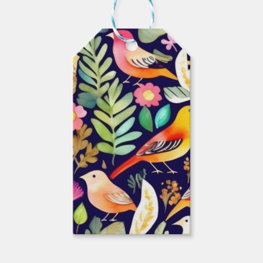 Kleurrijke vogels bloemenpatroon blauw decor cadeaulabel (Voorkant)