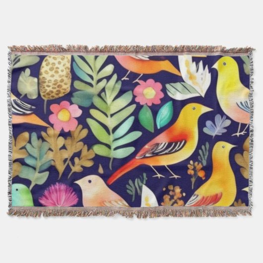 Kleurrijke vogels bloemenpatroon blauw decor deken (Voorkant)