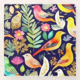Kleurrijke vogels bloemenpatroon blauw decor glazen onderzetter