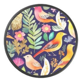 Kleurrijke vogels bloemenpatroon blauw decor hockey puck
