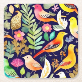 Kleurrijke vogels bloemenpatroon blauw decor kartonnen onderzetters