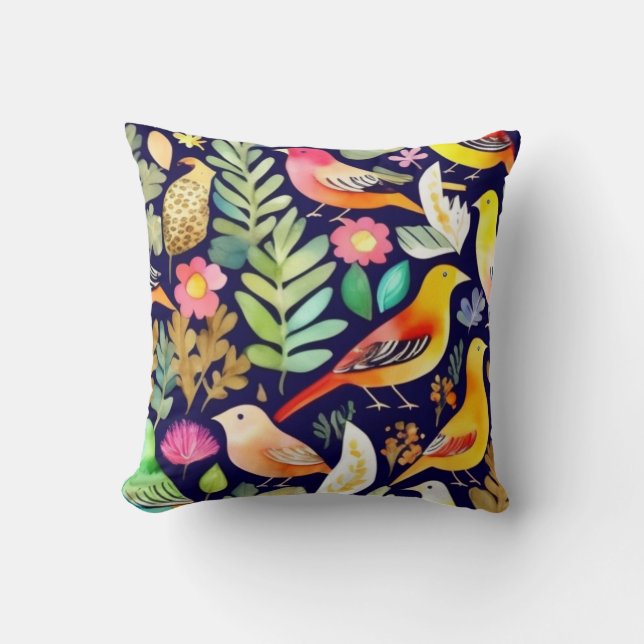 Kleurrijke vogels bloemenpatroon blauw decor kussen (Voorkant)