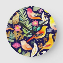 Kleurrijke vogels bloemenpatroon blauw decor ronde klok