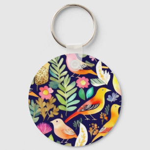 Kleurrijke vogels bloemenpatroon blauw decor sleutelhanger