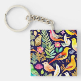 Kleurrijke vogels bloemenpatroon blauw decor sleutelhanger