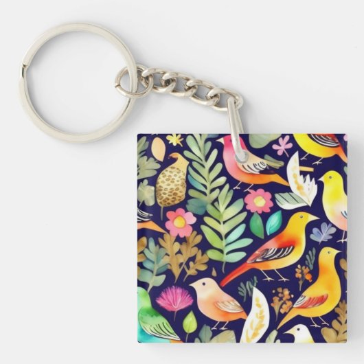 Kleurrijke vogels bloemenpatroon blauw decor sleutelhanger (voorkant)