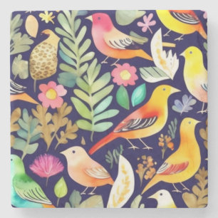 Kleurrijke vogels bloemenpatroon blauw decor stenen onderzetter
