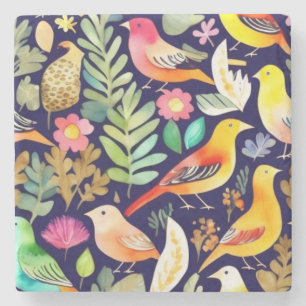 Kleurrijke vogels bloemenpatroon blauw decor stenen onderzetter