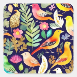 Kleurrijke vogels bloemenpatroon blauw decor vierkante sticker