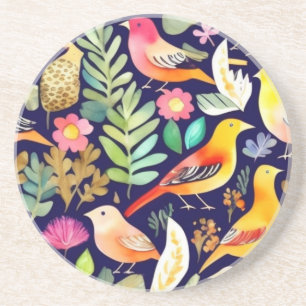 Kleurrijke vogels bloemenpatroon blauw decor zandsteen onderzetter