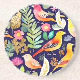 Kleurrijke vogels bloemenpatroon blauw decor zandsteen onderzetter
