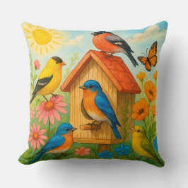 Kleurrijke vogels die rond een vogelhuisje zitten kussen