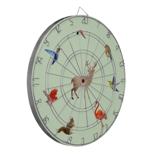 Kleurrijke vogels, droger en eekhoorn op lichtgroe dartbord (Voorkant Links)