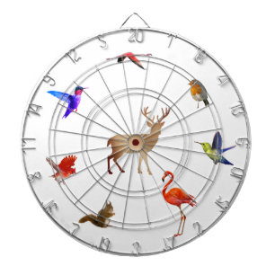 Kleurrijke vogels, droger en eekhoorn op wit dartbord