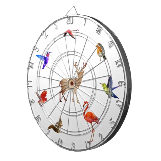 Kleurrijke vogels, droger en eekhoorn op wit dartbord (Voorkant Rechts)