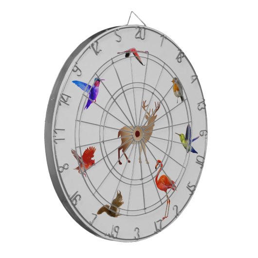 Kleurrijke vogels, droger en eekhoorn op wit dartbord (Voorkant Links)