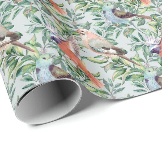 Kleurrijke vogels en bessen met blauwe achtergrond cadeaupapier (Rol Hoek)