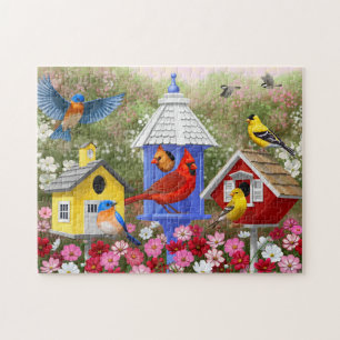 Kleurrijke vogels en bloederige bloederige tuin legpuzzel