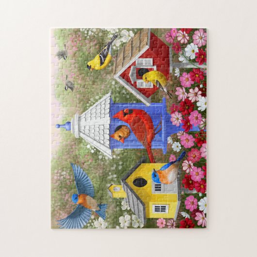 Kleurrijke vogels en bloederige bloederige tuin legpuzzel (Verticaal)