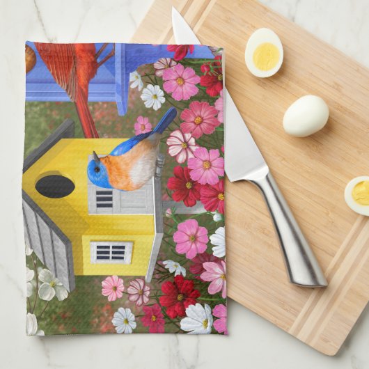 Kleurrijke vogels en bloederige bloederige tuin theedoek (Quarter Fold)