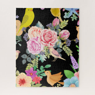 Kleurrijke Vogels en Bloemen Kunst op Zwart Legpuzzel