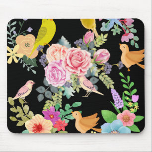 Kleurrijke Vogels en Bloemen Kunst op Zwart Muismat