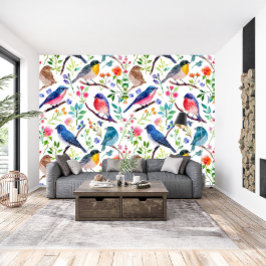 Kleurrijke vogels en grillige bloemen patroon behang