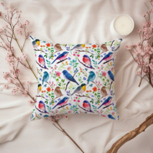 Kleurrijke vogels en grillige bloemen patroon kussen