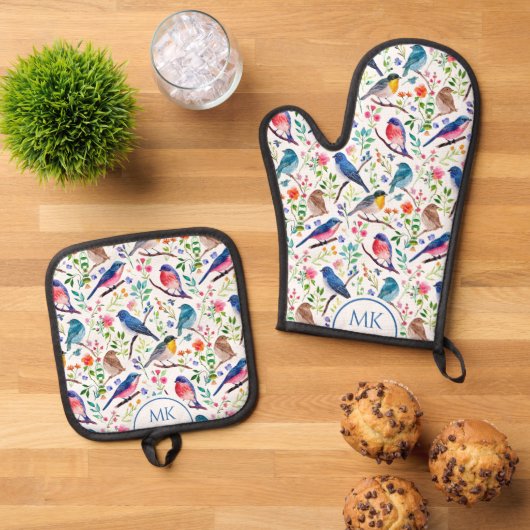 Kleurrijke vogels en grillige bloemen patroon ovenwant & pannenlap set (Top down)