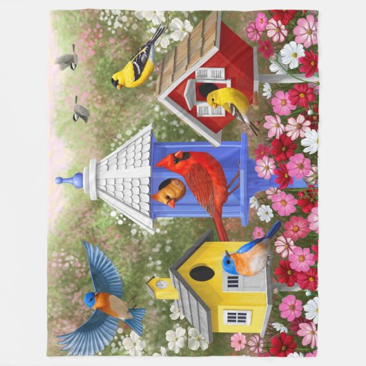 Kleurrijke vogels en vogelhuizen fleece deken (Voorkant)