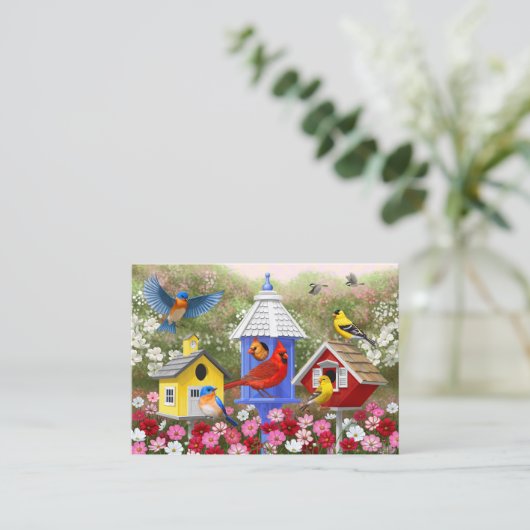 Kleurrijke vogels en vogelhuizen visitekaartje (Staand voorkant)