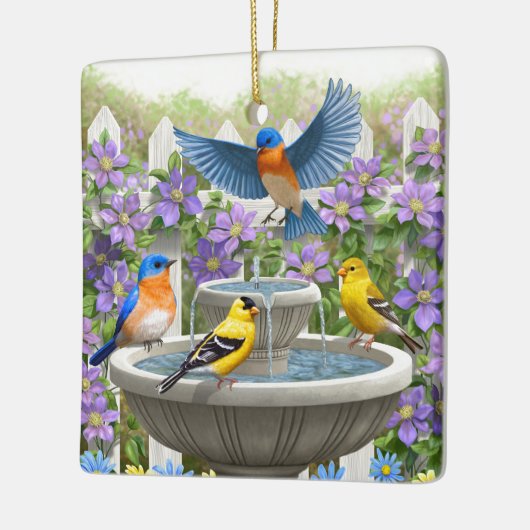 Kleurrijke vogels en vogelpest keramisch ornament (Links)