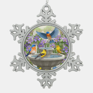 Kleurrijke vogels en vogelpest tin sneeuwvlok ornament