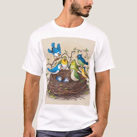 Kleurrijke Vogels Familie Nest Art Print T-shirt (Voorkant)