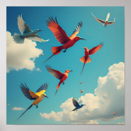 Kleurrijke vogels in een blauwe lucht poster