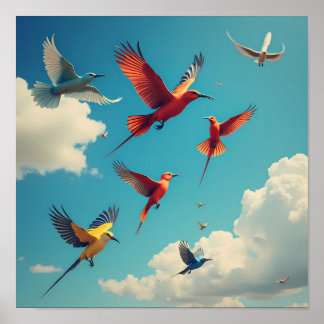 Kleurrijke vogels in een blauwe lucht poster