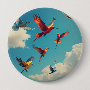 Kleurrijke vogels in een blauwe lucht ronde button 4,0 cm