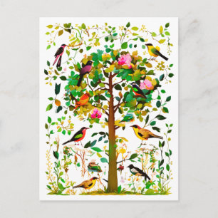 Kleurrijke vogels in een bloeiende boom briefkaart