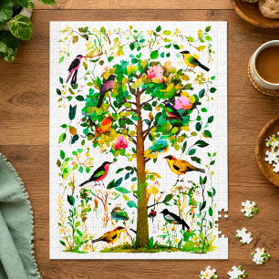 Kleurrijke vogels in een bloeiende boom legpuzzel