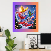 Kleurrijke vogels in een kerst Sky Celebration Poster (Thuiskantoor)