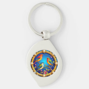 Kleurrijke vogels in een sierlijk gouden frame sleutelhanger