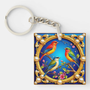 🕊️ Kleurrijke vogels in gouden lijst als cadeau � Sleutelhanger