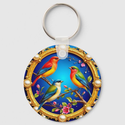 Kleurrijke vogels in  Gouden Lijst Sleutelhanger (Voorkant)